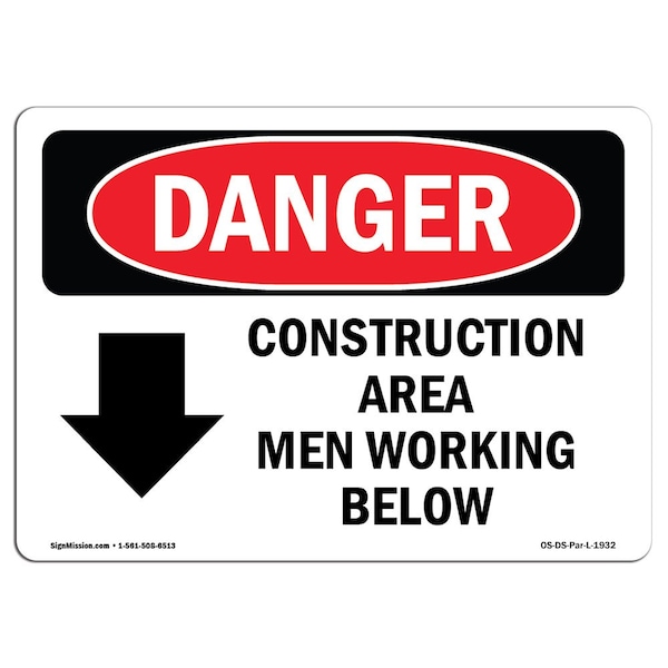 Safety Sign, OSHA Danger, 7" Height, Aluminum, Construction Area Men Working Below, Landscape